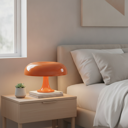 Lumosphere orange LED mushroom table lamp lit on a bedroom nightstand - lifestyle
