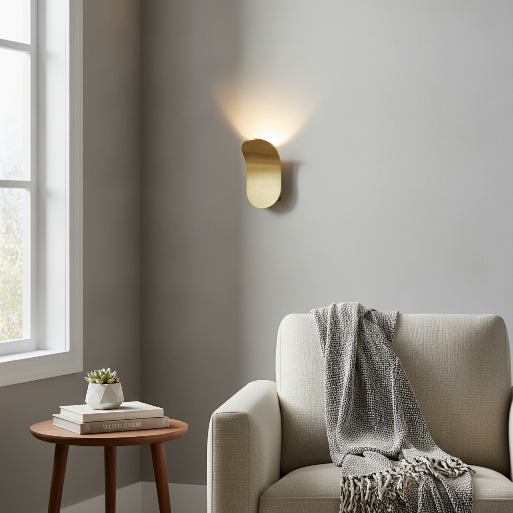 KallioLight gold metal wall sconce mounted in a modern living room lifestyle