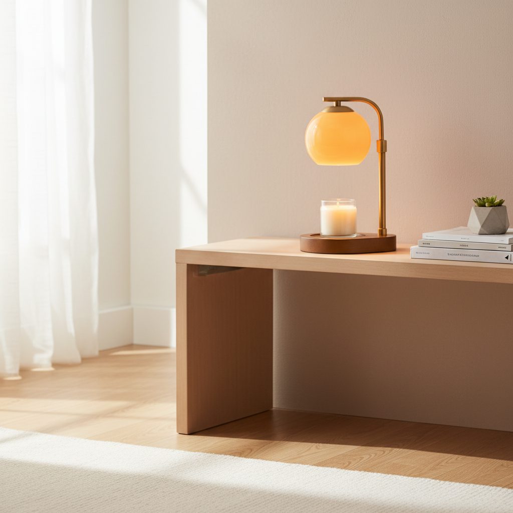 AmberGlow candle warmer lamp on a console in a modern room