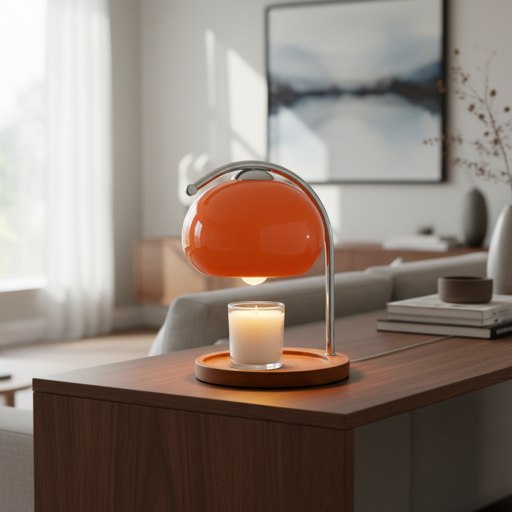 Lunara candle warmer lamp on a console table in a living room