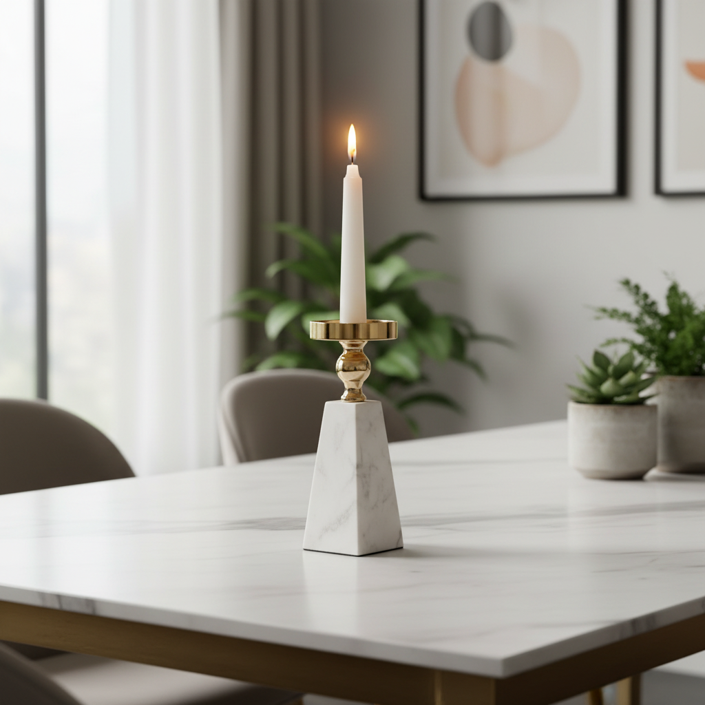 Pyramid Marble Candle Holder - lifestyle on dining table