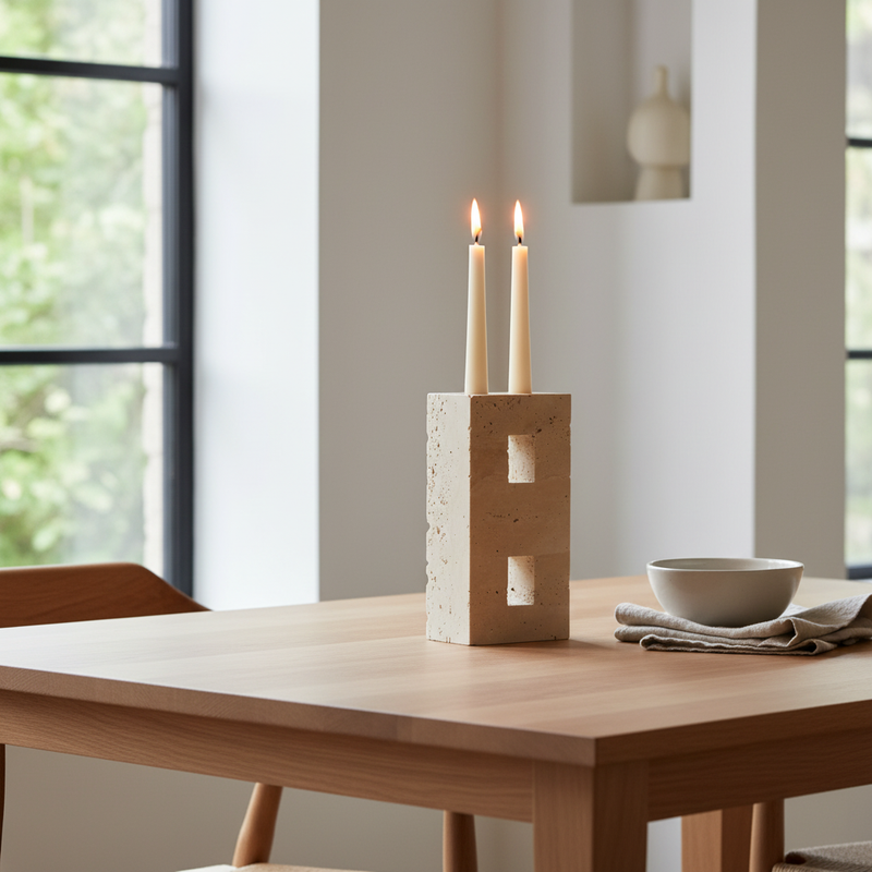 Travertine Stone Candle Stand - lifestyle with two tapers