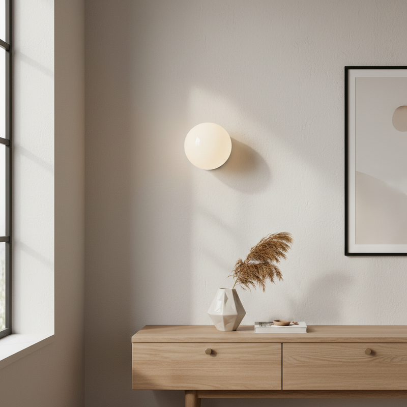 Luminara glass wall sconce mounted above a sideboard in a modern room
