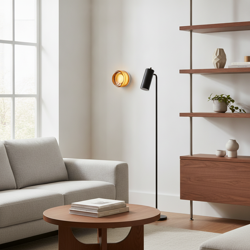 Luminara amber glass wall sconce mounted in a modern living room lifestyle