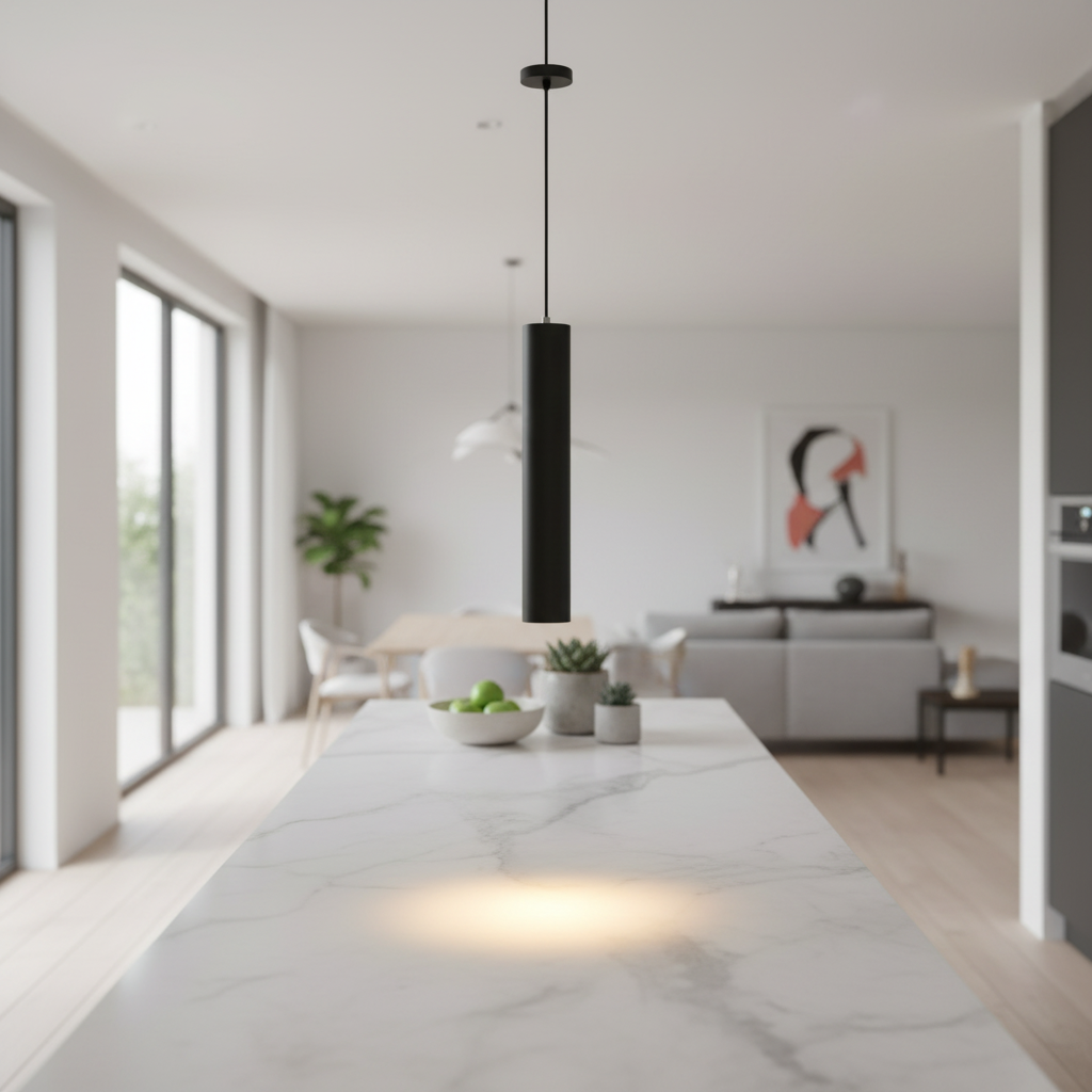 Tubeular matte-black tube pendant light hung over a kitchen island lifestyle