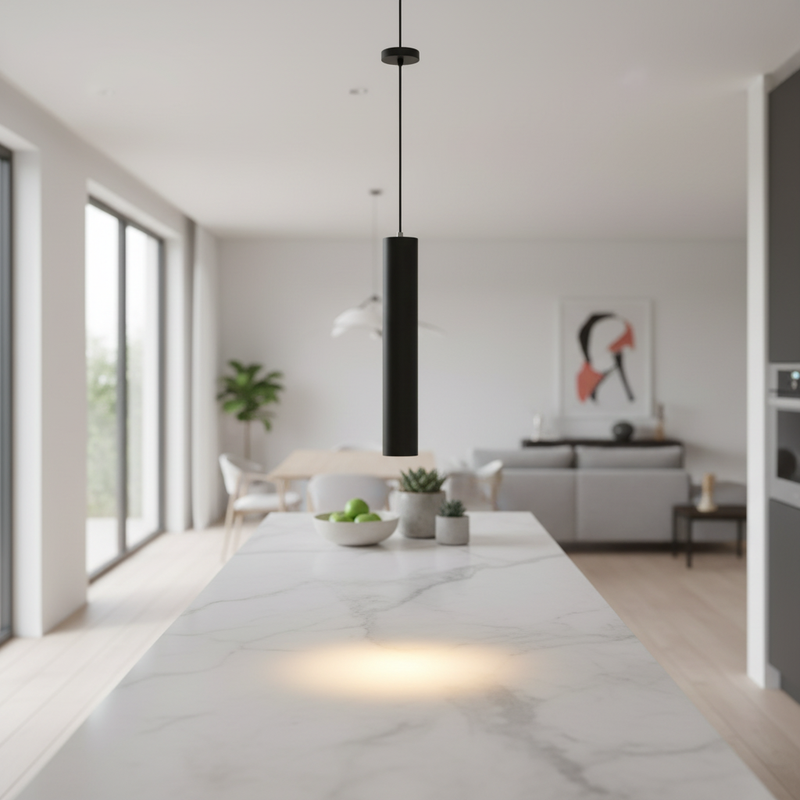 Tubeular matte-black tube pendant light hung over a kitchen island lifestyle