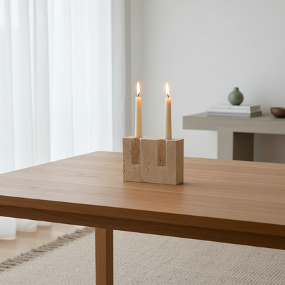Dual Travertine Taper Candle Holder - lifestyle in modern dining room