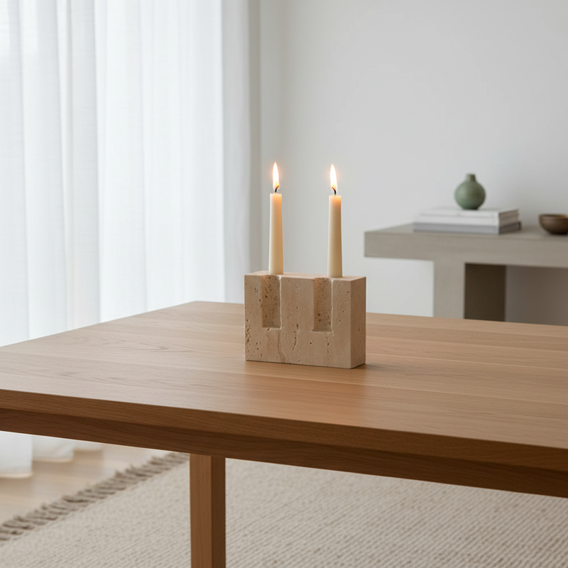 Dual Travertine Taper Candle Holder - lifestyle in modern dining room