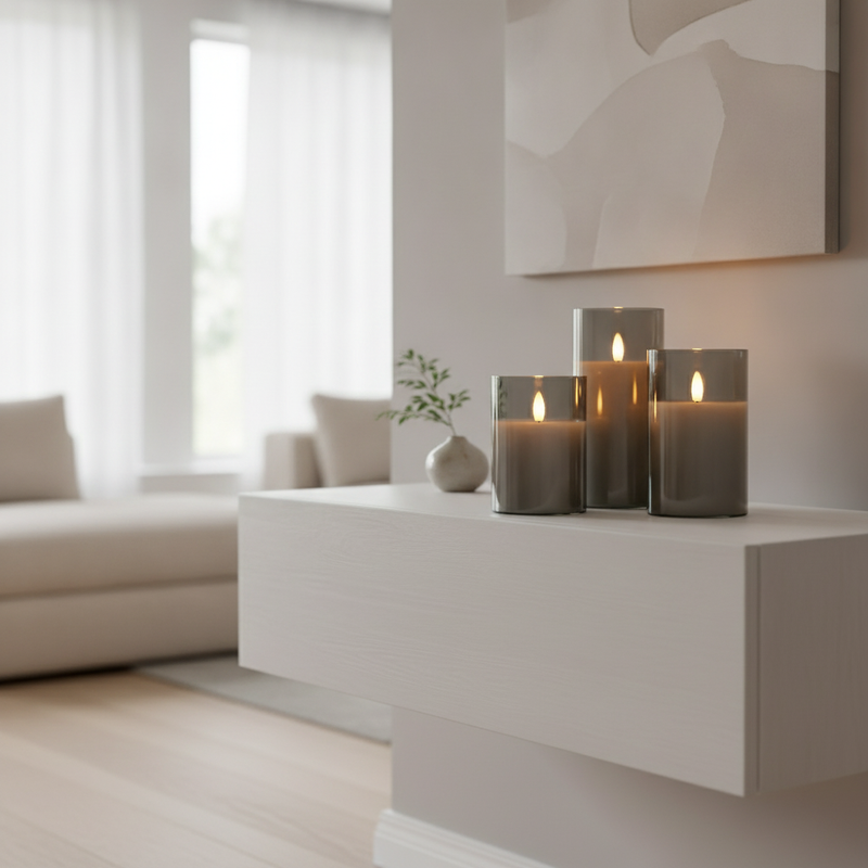 Ethereal 3D Flameless Candle Set styled glowing on a living room shelf
