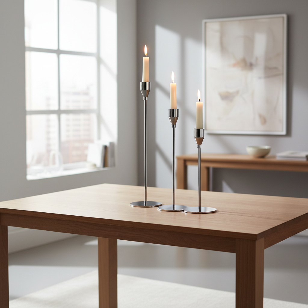 Tall Stainless Steel Candle Holders Set of 3 styled with lit candles on a dining table