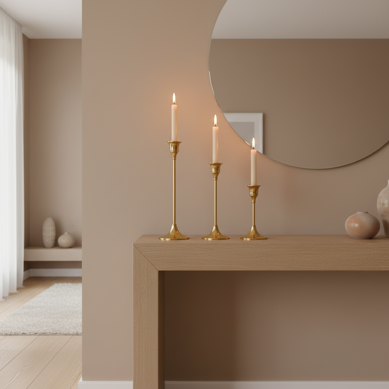 Vintage Gold Taper Candle Holders styled on a console table