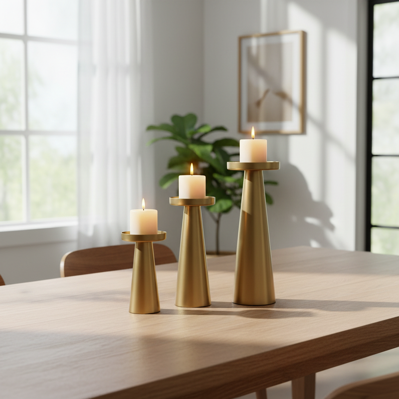 Artisan Brass Candle Holders styled on a dining table