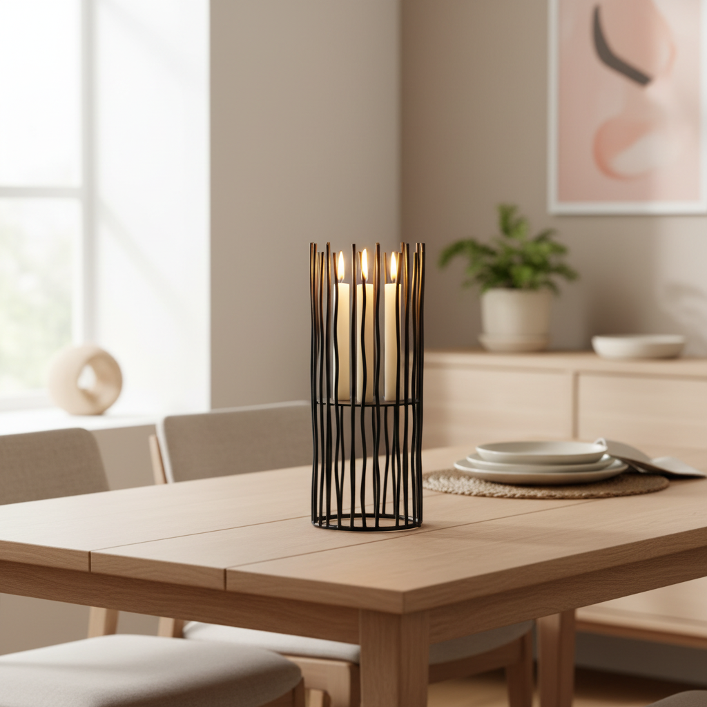 Black Iron Desk Candle Holder - lifestyle in modern dining room
