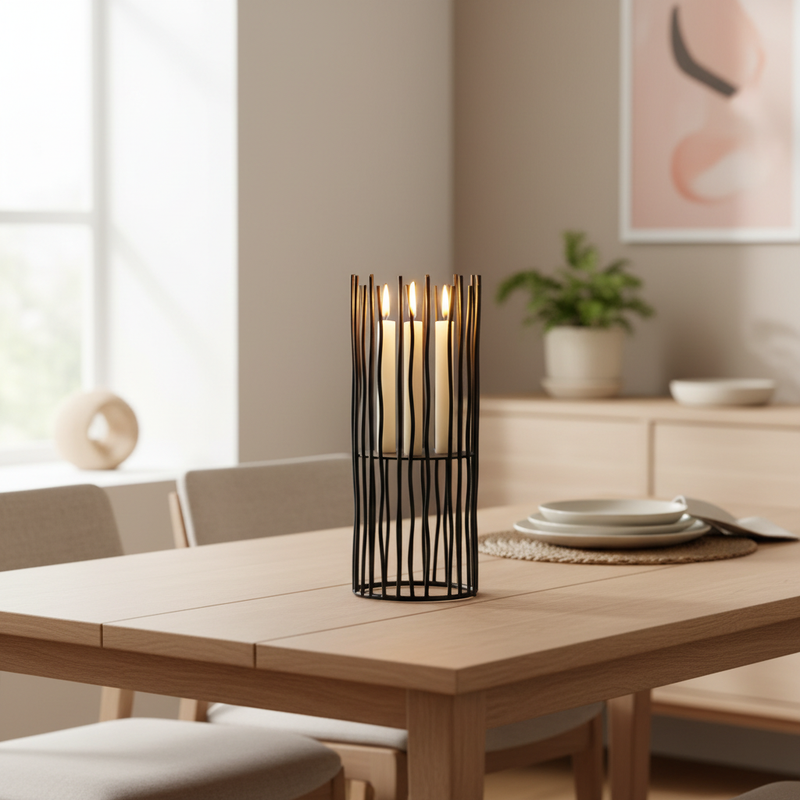 Black Iron Desk Candle Holder - lifestyle in modern dining room