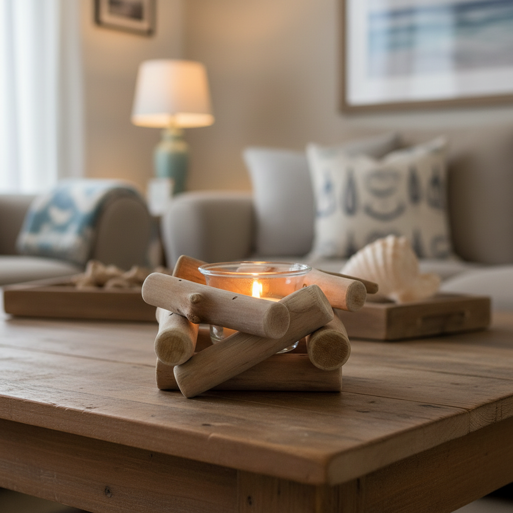 Driftwood Tealight Holder with lit tealight styled on a coffee table in a coastal living room
