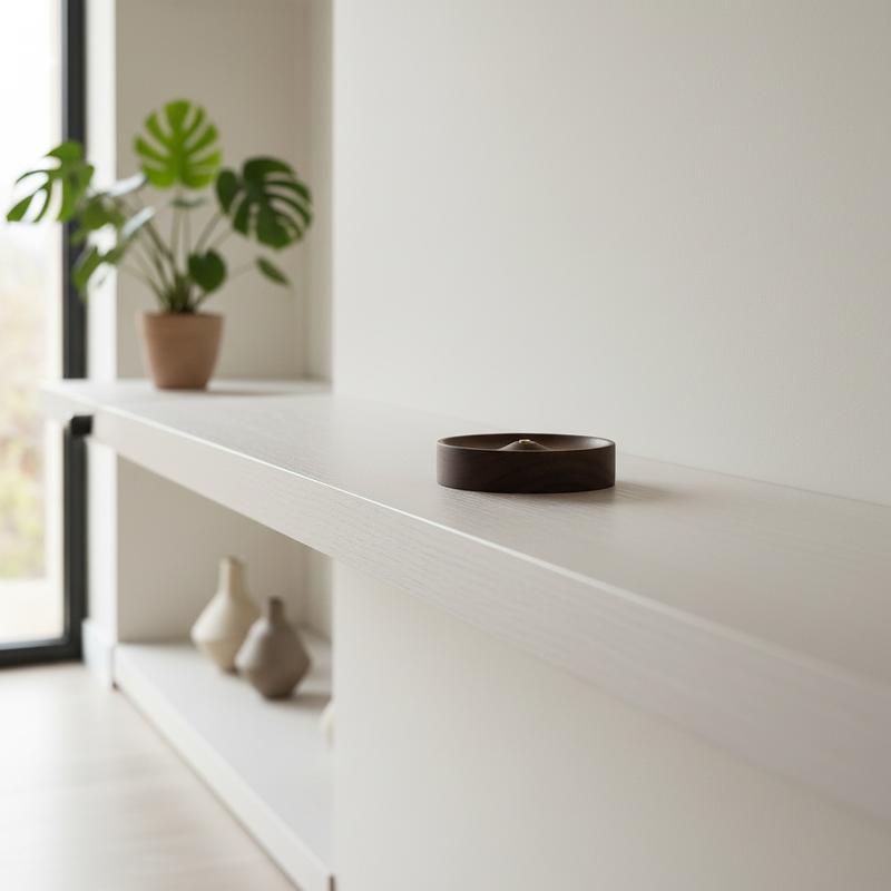 Round Wood Incense Holder styled on a minimalist shelf in a modern room