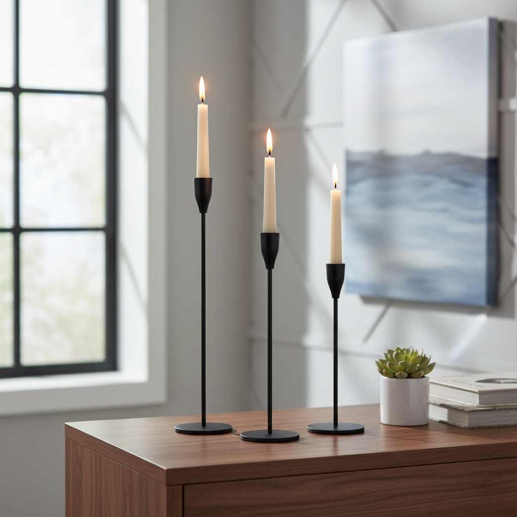 Brushed Metal Taper Candle Holders set styled with lit candles