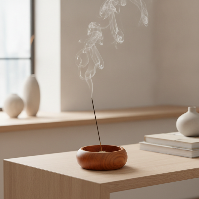 Solid Wood Incense Holder styled on a table with lit incense