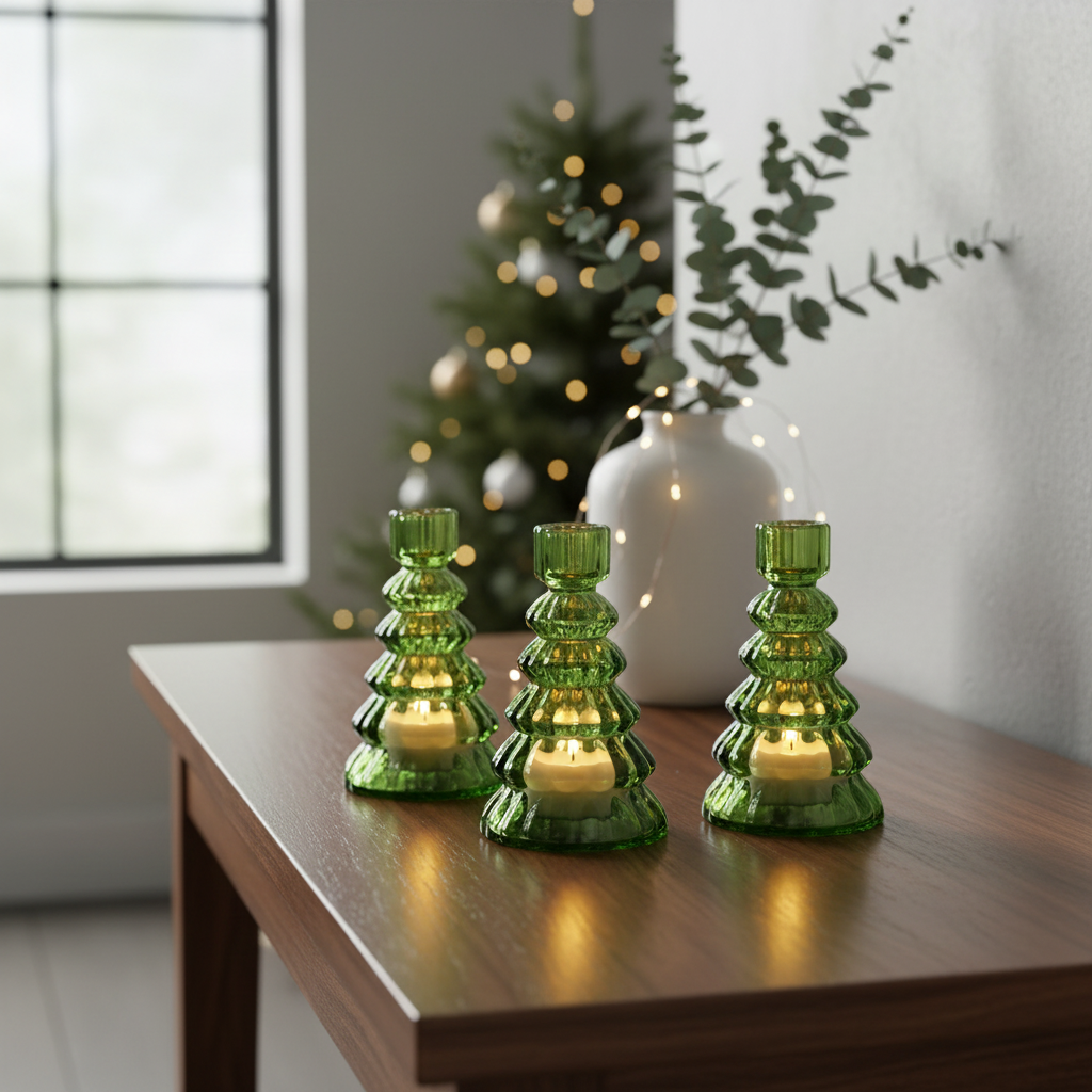 Christmas Tree Glass Candle Holder set styled in a festive room