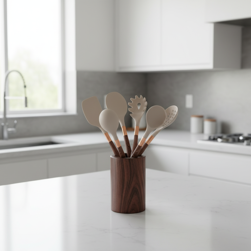 Luxe silicone utensils set in holder on a modern kitchen counter