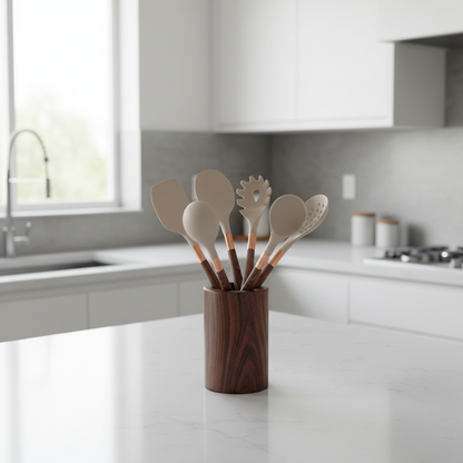 Luxe silicone utensils set in holder on a modern kitchen counter