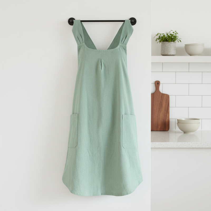 Korean cross-back linen apron hung in a modern kitchen