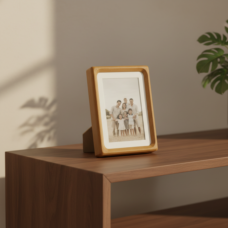 Handcrafted Solid Wood Photo Frame displayed in a modern living room