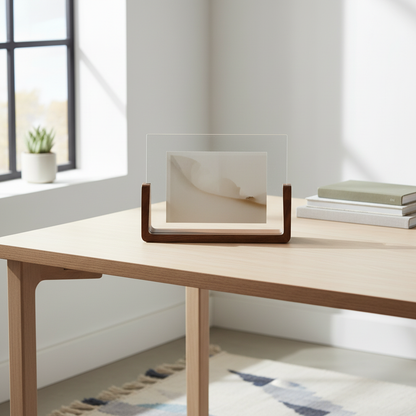 U-Shaped Acrylic Photo Frame displayed on a desk in a Scandinavian room