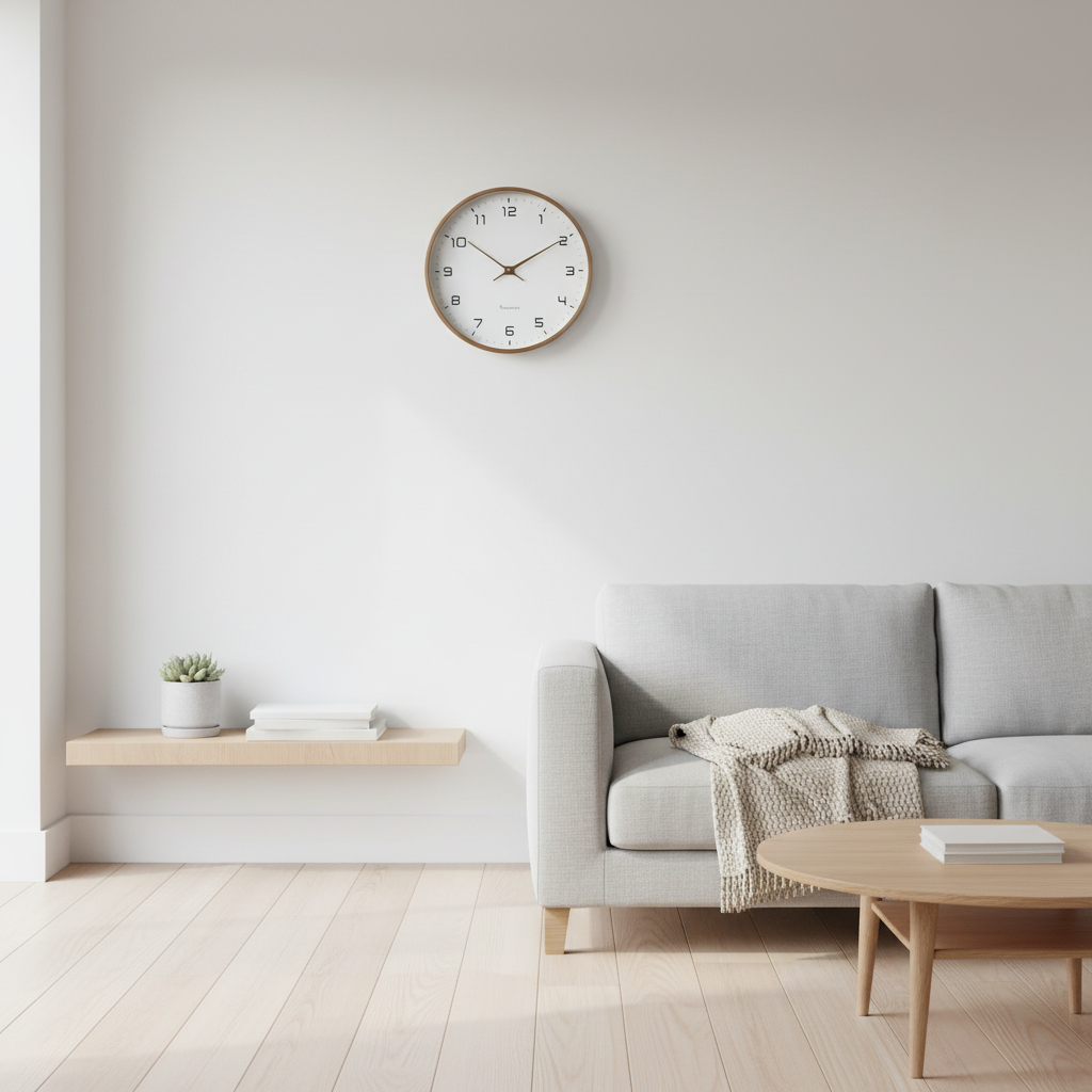 Nordic Wood Wall Clock mounted on a wall in a modern living room