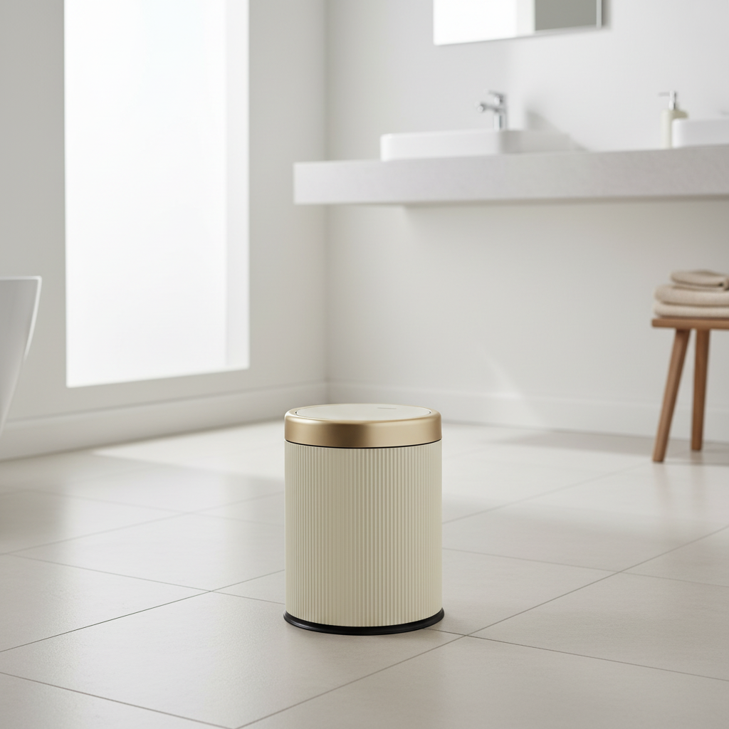 Luxury oval press-top trash can with gold lid styled in a modern bathroom - Nerora