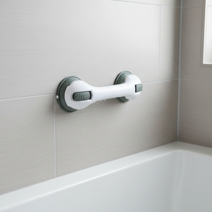 Suction cup safety grab bar mounted on tile wall beside bathtub - Nerora
