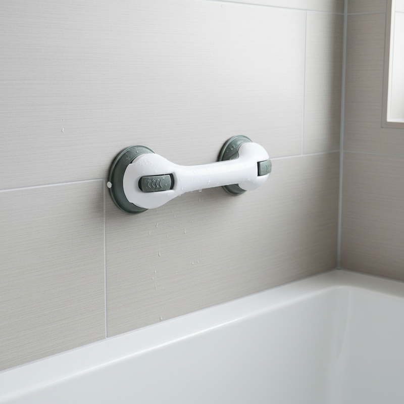 Suction cup safety grab bar mounted on tile wall beside bathtub - Nerora