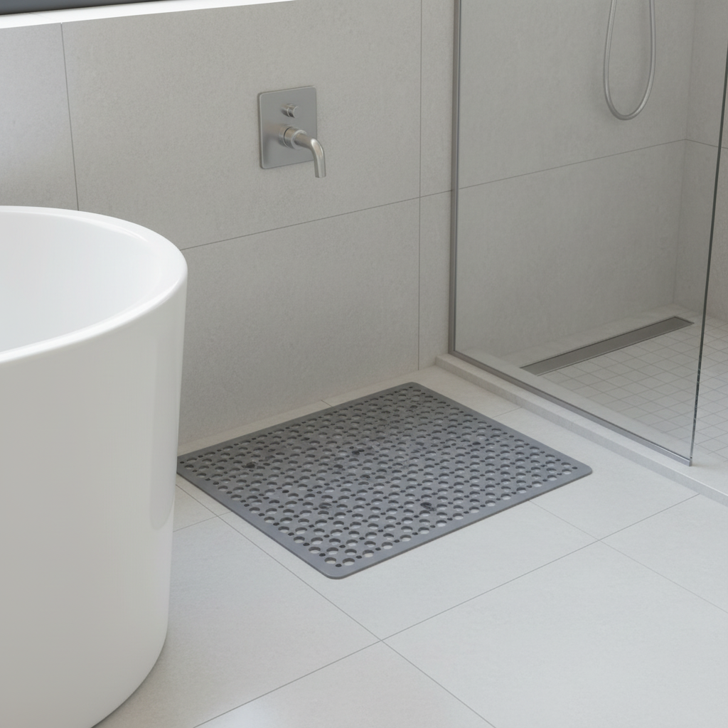 Clear PVC non-slip shower mat laid in modern shower - Nerora