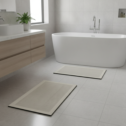 Quick-dry absorbent bath mat in front of freestanding tub - Nerora