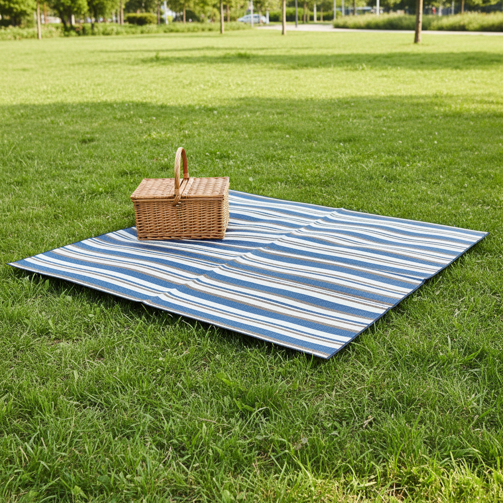 Waterproof Picnic Mat spread on grass with picnic basket