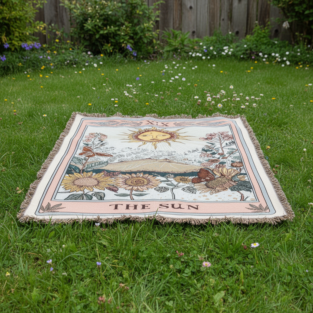 Celestial Tapestry Throw spread on grass in a garden