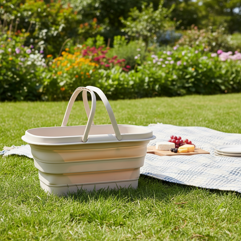Collapsible utility basket outdoors at a park picnic