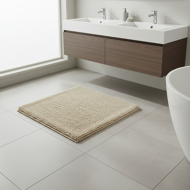 Plush Chenille Bath Mat in Beige styled in a modern bathroom