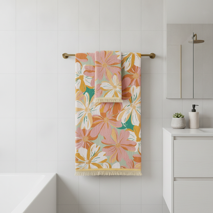 Cotton Gauze Floral Bath Towel styled in a modern bathroom