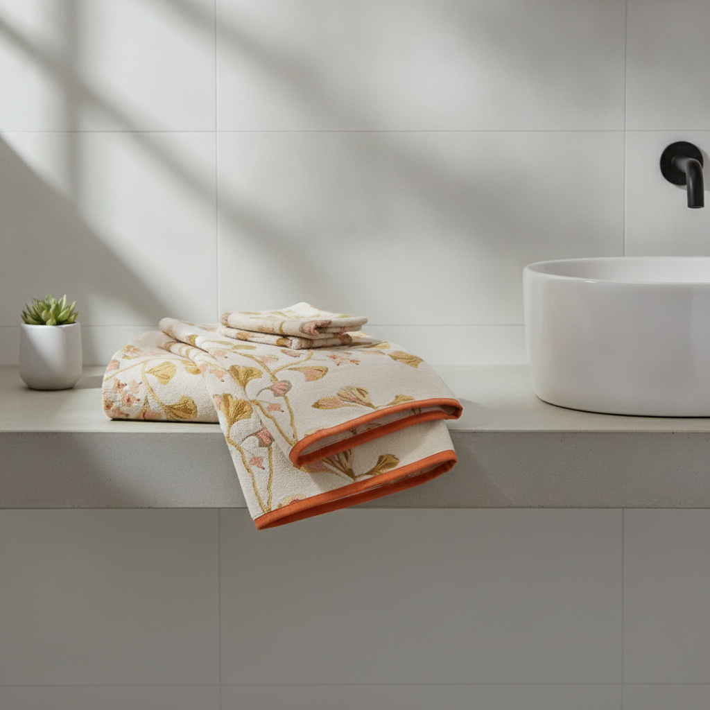 Cotton Gauze Bath Towel | Ginkgo Print styled in a modern bathroom