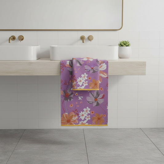 Cotton Gauze Bath Towel | Floral on Purple styled in a modern bathroom