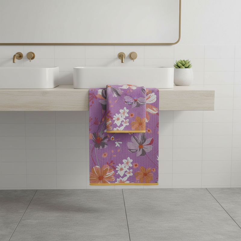 Cotton Gauze Bath Towel | Floral on Purple styled in a modern bathroom
