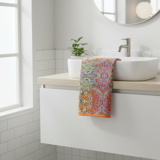 Cotton Gauze Bath Towel Moroccan Style styled in a modern bathroom