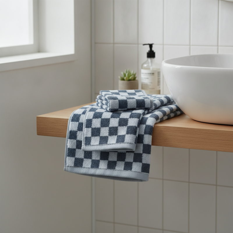 Retro Checkered Cotton Towel styled in a modern bathroom