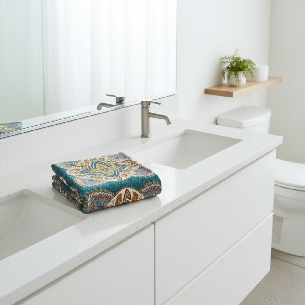Reversible Diamond Floral Bath Towel styled in a modern bathroom