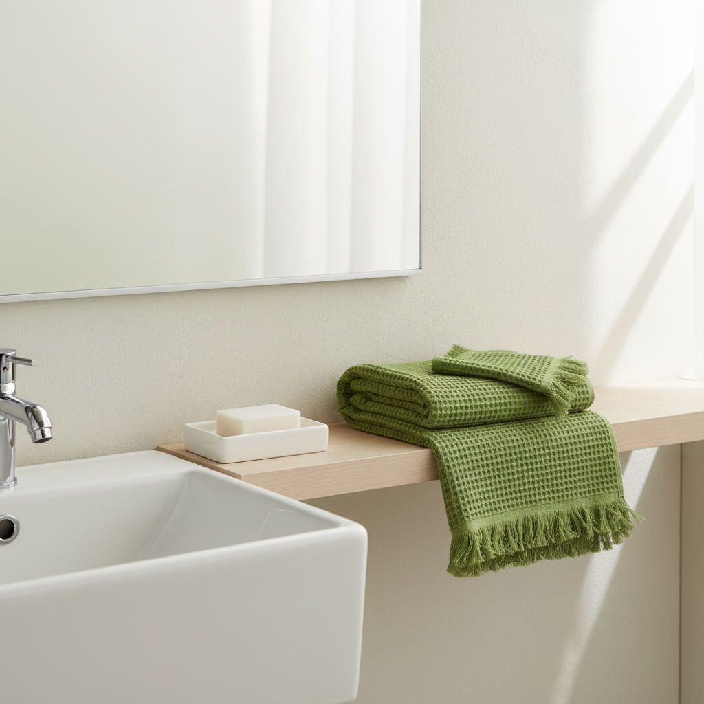 Cotton Waffle Shawl Towel styled in a modern bathroom
