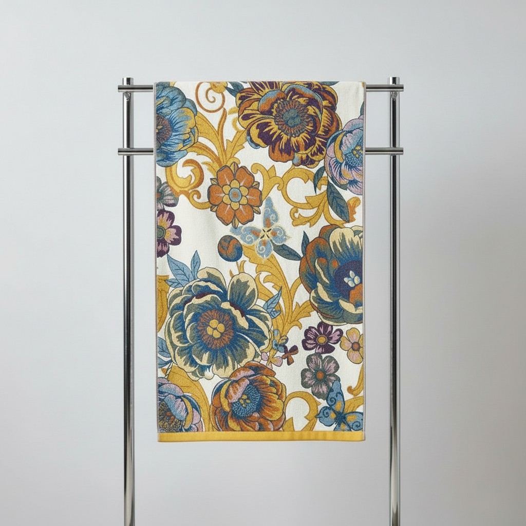 Reversible Cotton Blooming Floral Bath Towel styled in a modern bathroom