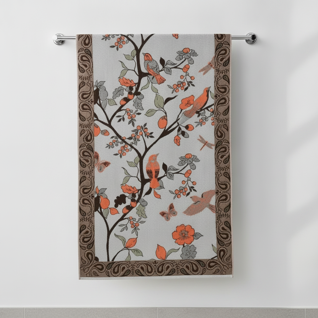 Cotton Bath Towel Floral and Bird Motif styled in a modern bathroom