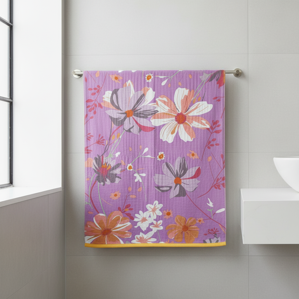 Cotton Gauze Vintage Wildflower Bath Towel styled in a modern bathroom