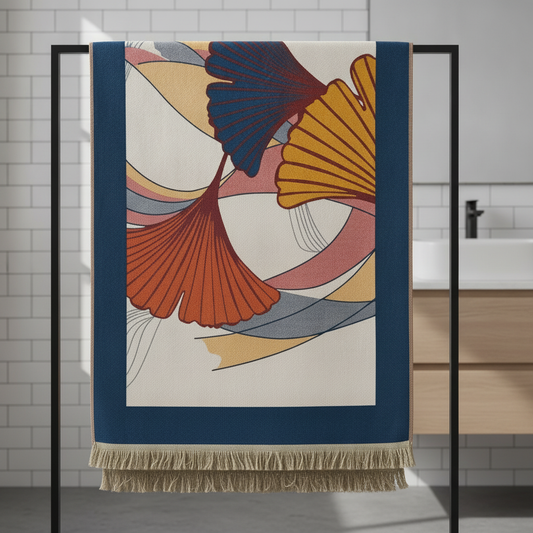 Cotton Gauze Ginkgo Print Tassel Bath Towel styled in a modern bathroom